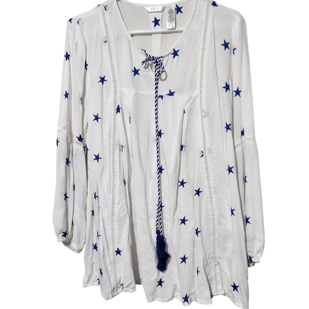 kaktus Tunic top Size Medium White Blue Embroidered Stars Relax Fit